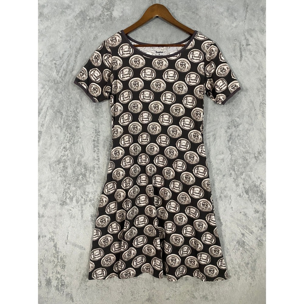 Svaha Dress Womens M Black Roman Coin Eid Mar Organic Cotton Fit Flare Pockets